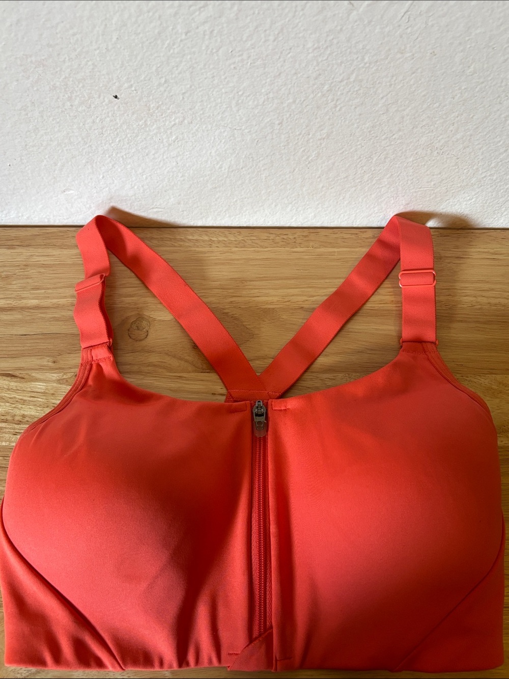 Woman’s Orange Sports Bra with Front Zipper, Size 34C